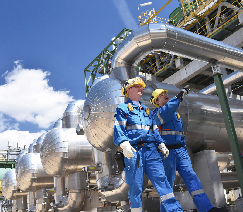Profesionales inspeccionando una instalación industrial de procesos